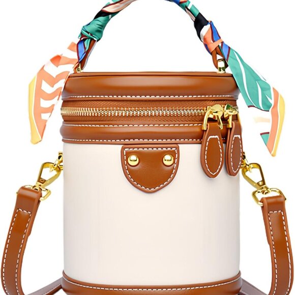 Versatile Mini Bucket Handbag - Retro Vegan Leather with Zipper Closure, Brown - Picture 1 of 7